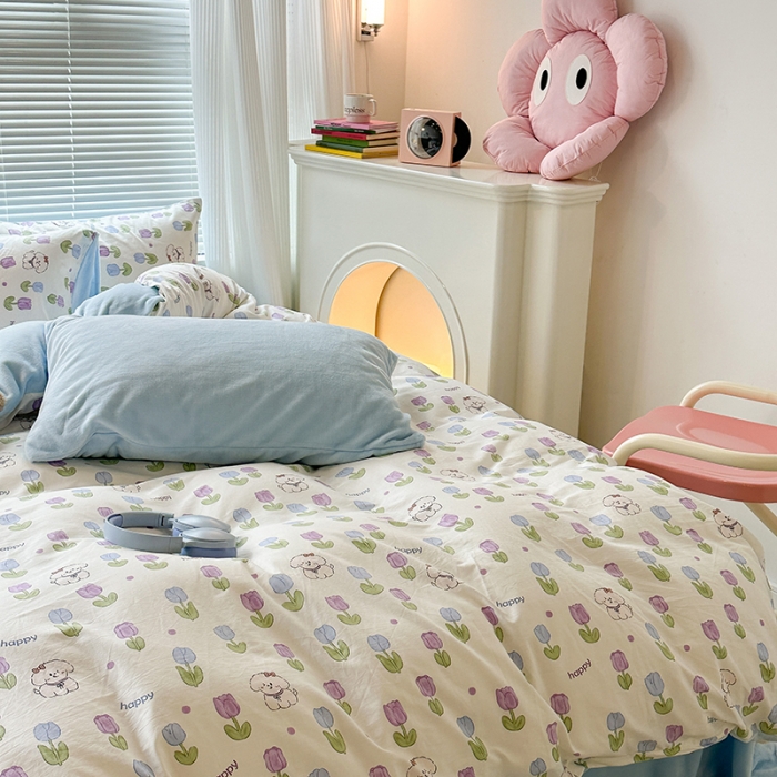 91家纺网 家纺一手货源 找家纺 昔可 2023新款亲肤柔软棉加绒四件套 郁金香小萌狗