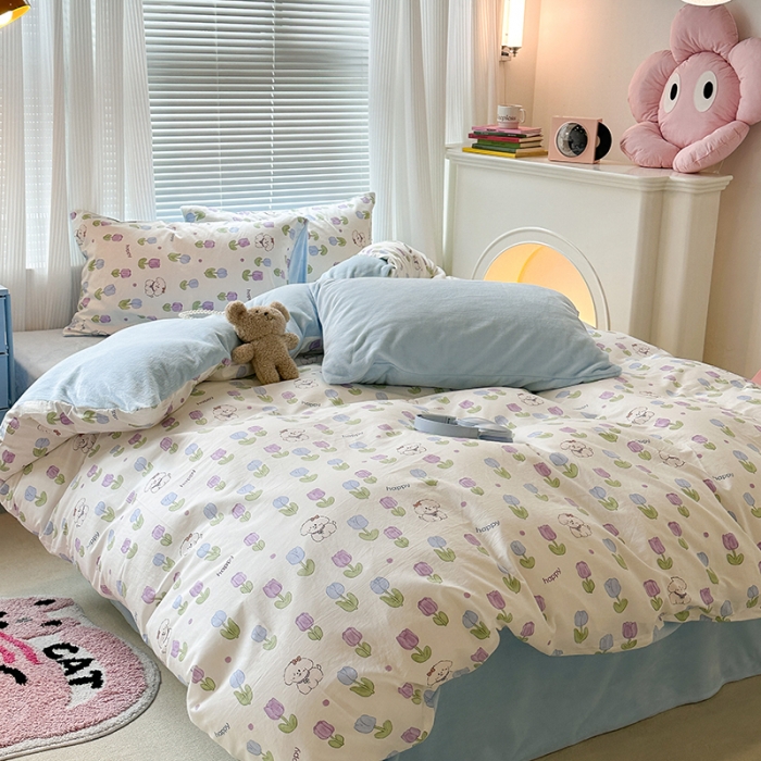 91家纺网 家纺一手货源 找家纺 昔可 2023新款亲肤柔软棉加绒四件套 郁金香小萌狗