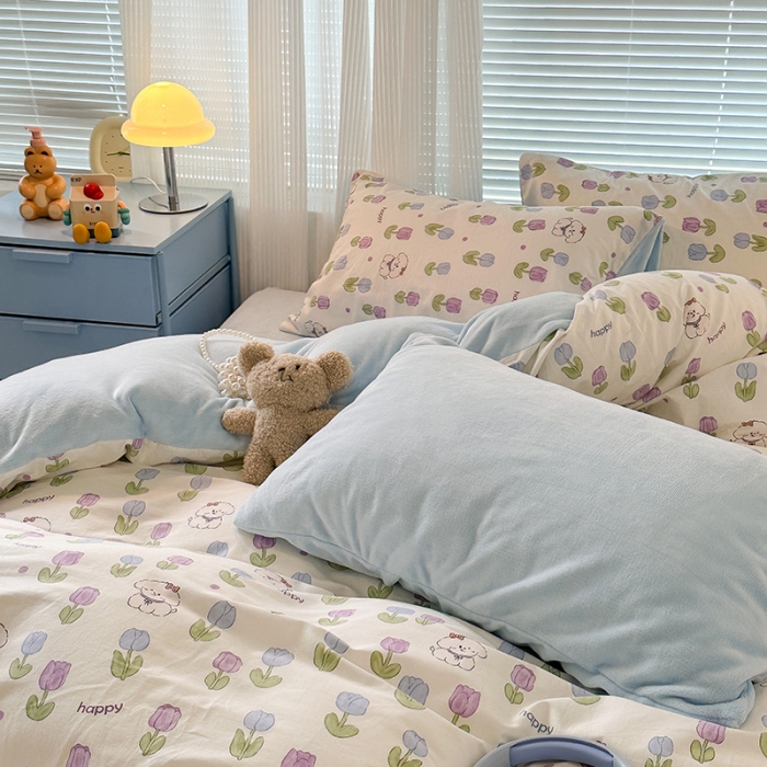 91家纺网 家纺一手货源 找家纺 昔可 2023新款亲肤柔软棉加绒四件套 郁金香小萌狗