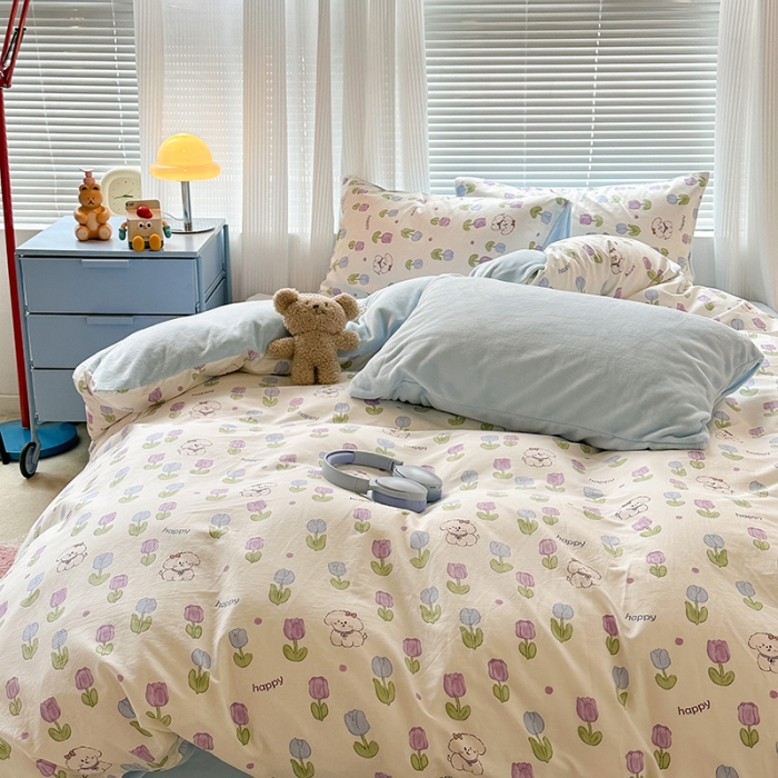 91家纺网 家纺一手货源 找家纺 昔可 2023新款亲肤柔软棉加绒四件套 郁金香小萌狗