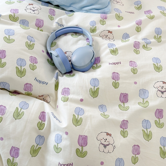 91家纺网 家纺一手货源 找家纺 昔可 2023新款亲肤柔软棉加绒四件套 郁金香小萌狗