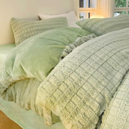 91家纺网 家纺一手货源 找家纺 安哆啦加厚9斤獭兔毛绒兔兔绒剪花牛奶绒四件套纯色双拼系列 薄荷绿