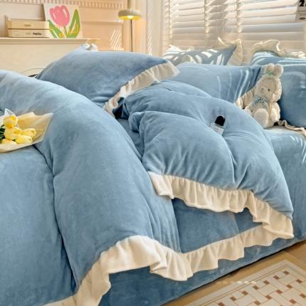 91家纺网 家纺一手货源 找家纺 （总）艾咪 新款花边款奶油风纯色牛奶绒四件套三件套