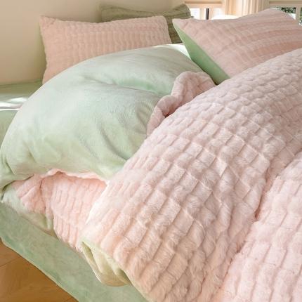 安哆啦加厚9斤獭兔毛绒兔兔绒剪花牛奶绒四件套纯色双拼系列 柔粉绿