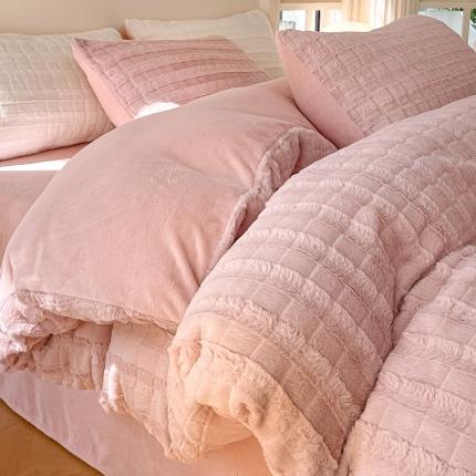 安哆啦加厚9斤獭兔毛绒兔兔绒剪花牛奶绒四件套纯色双拼系列 蜜桃粉