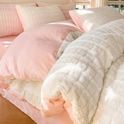 安哆啦加厚9斤獭兔毛绒兔兔绒剪花牛奶绒四件套纯色双拼系列 奶白粉