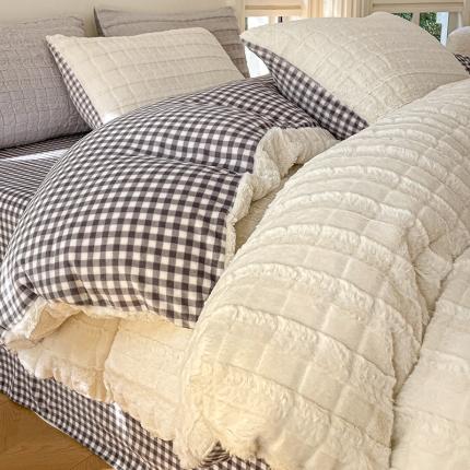 安哆啦加厚9斤獭兔毛绒兔兔绒剪花牛奶绒四件套纯色双拼系列 奶白格