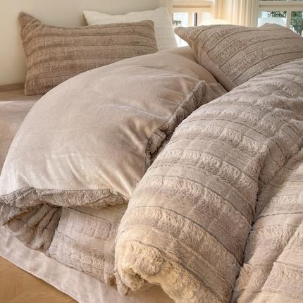 安哆啦加厚9斤獭兔毛绒兔兔绒剪花牛奶绒四件套纯色双拼系列 奶咖