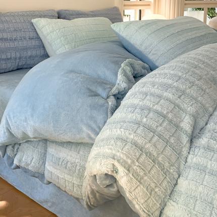 安哆啦加厚9斤獭兔毛绒兔兔绒剪花牛奶绒四件套纯色双拼系列 天空蓝