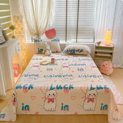 91家纺网 家纺一手货源 找家纺 安哆啦 2024新款高克重小清新牛奶绒单床单 英文猫咪