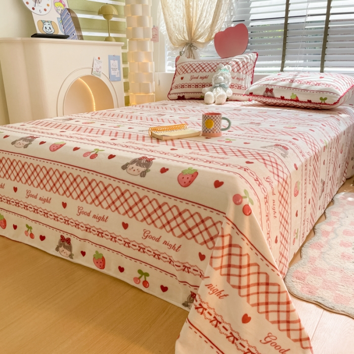 91家纺网 家纺一手货源 找家纺 安哆啦 2024新款高克重小清新牛奶绒单床单 草莓女孩