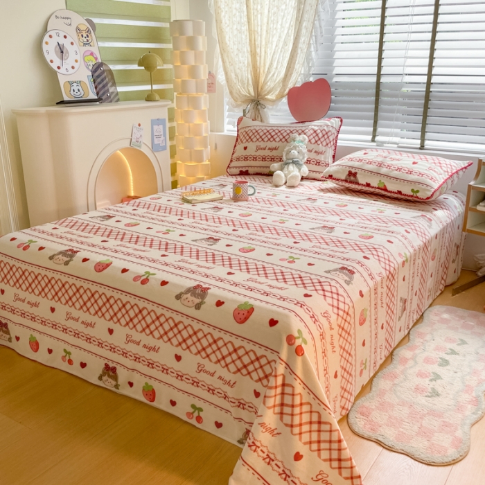 91家纺网 家纺一手货源 找家纺 安哆啦 2024新款高克重小清新牛奶绒单床单 草莓女孩