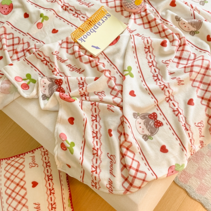 91家纺网 家纺一手货源 找家纺 安哆啦 2024新款高克重小清新牛奶绒单床单 草莓女孩