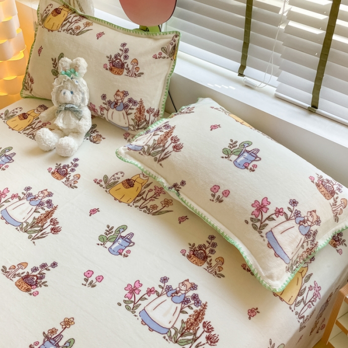 91家纺网 家纺一手货源 找家纺 安哆啦 2024新款高克重小清新牛奶绒单床单 狐狸小姐的花园