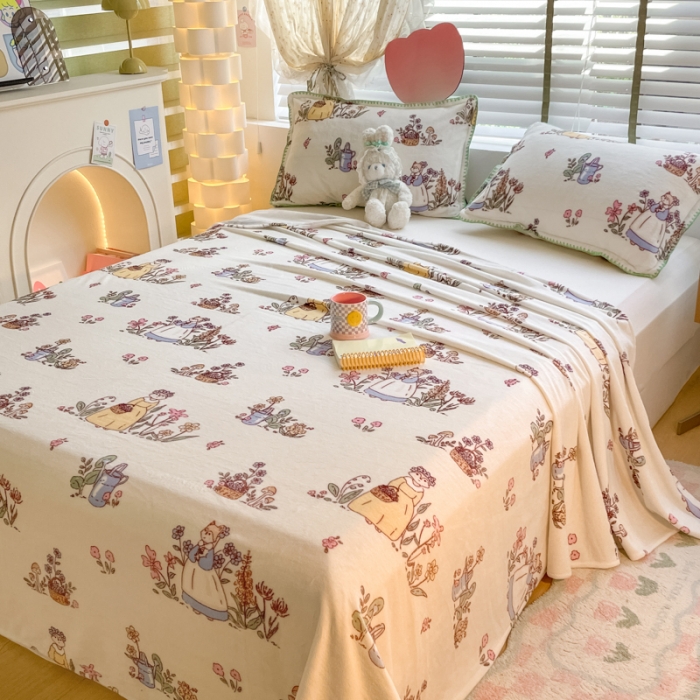 91家纺网 家纺一手货源 找家纺 安哆啦 2024新款高克重小清新牛奶绒单床单 狐狸小姐的花园