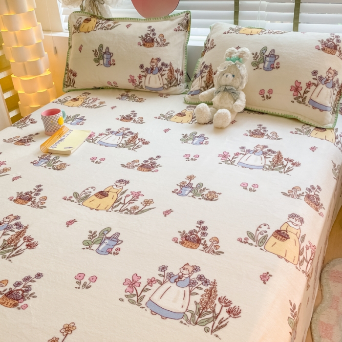 91家纺网 家纺一手货源 找家纺 安哆啦 2024新款高克重小清新牛奶绒单床单 狐狸小姐的花园