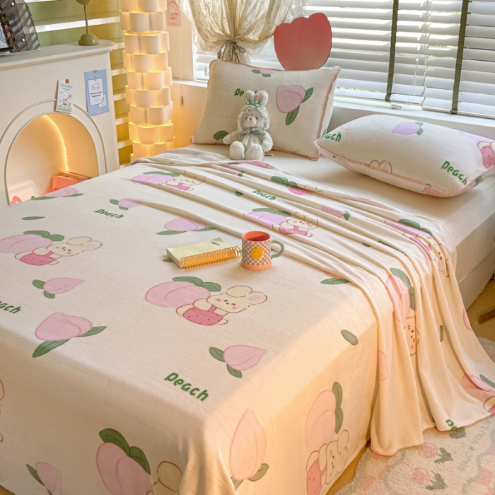 91家纺网 家纺一手货源 找家纺 安哆啦 2024新款高克重小清新牛奶绒单床单 桃桃兔兔