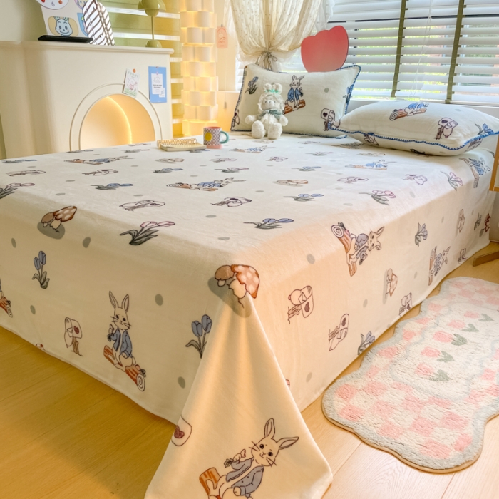 91家纺网 家纺一手货源 找家纺 安哆啦 2024新款高克重小清新牛奶绒单床单 兔八哥