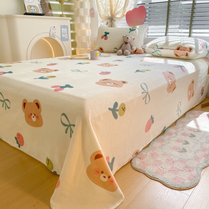 91家纺网 家纺一手货源 找家纺 安哆啦 2024新款高克重小清新牛奶绒单床单 小熊宝