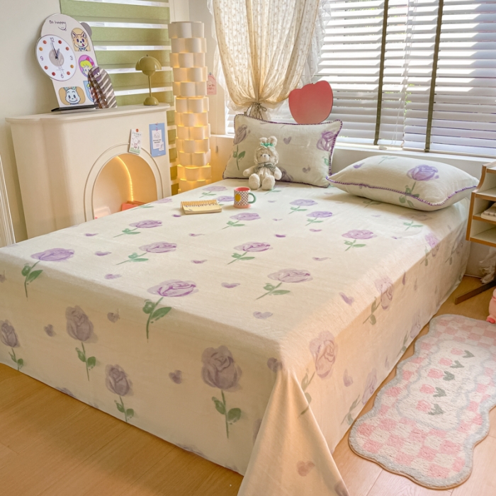 91家纺网 家纺一手货源 找家纺 安哆啦 2024新款高克重小清新牛奶绒单床单 紫色郁金香