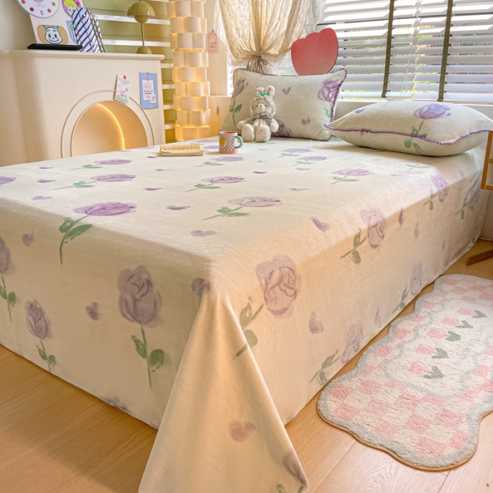 91家纺网 家纺一手货源 找家纺 安哆啦 2024新款高克重小清新牛奶绒单床单 紫色郁金香