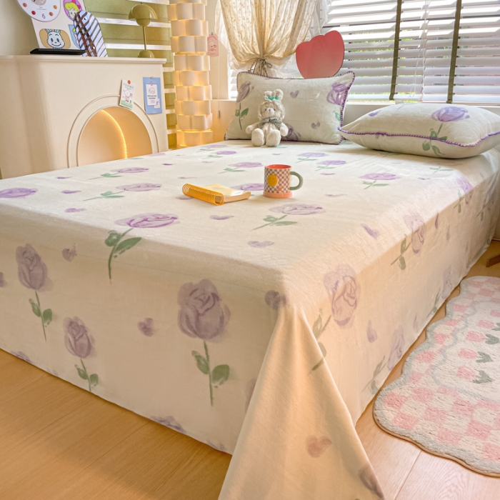 91家纺网 家纺一手货源 找家纺 安哆啦 2024新款高克重小清新牛奶绒单床单 紫色郁金香