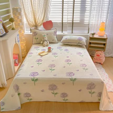 安哆啦 2024新款高克重小清新牛奶绒单床单 紫色郁金香