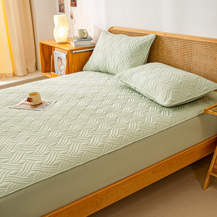 91家纺网 家纺一手货源 找家纺 X猫先生2024新款A类原棉本色大豆纤维夹棉床垫三件套 简爱-飘逸绿