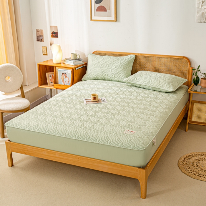 91家纺网 家纺一手货源 找家纺 X猫先生2024新款A类原棉本色大豆纤维夹棉床垫三件套 简爱-飘逸绿