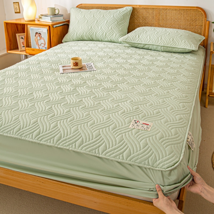 91家纺网 家纺一手货源 找家纺 X猫先生2024新款A类原棉本色大豆纤维夹棉床垫三件套 简爱-飘逸绿