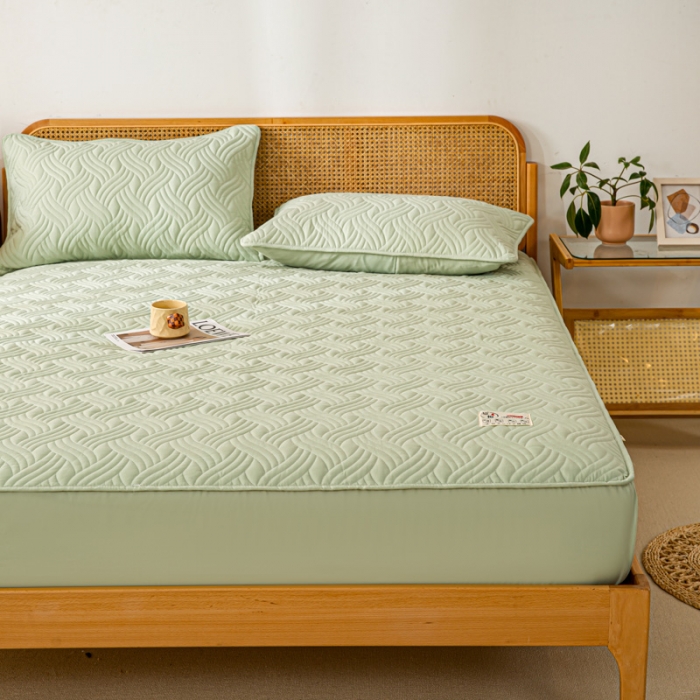 91家纺网 家纺一手货源 找家纺 X猫先生2024新款A类原棉本色大豆纤维夹棉床垫三件套 简爱-飘逸绿