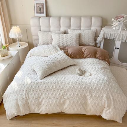 网红馆 2025新款A版兔毛绒B版素色牛奶绒四件套-归简 归简-奶酪白拼咖