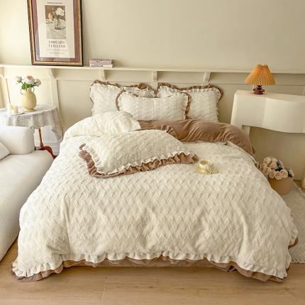 网红馆 2025新款A版兔毛绒B版素色牛奶绒四件套-织梦 奶酪白拼咖