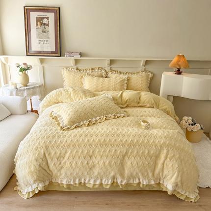 网红馆 2025新款A版兔毛绒B版素色牛奶绒四件套-织梦 奶酪黄