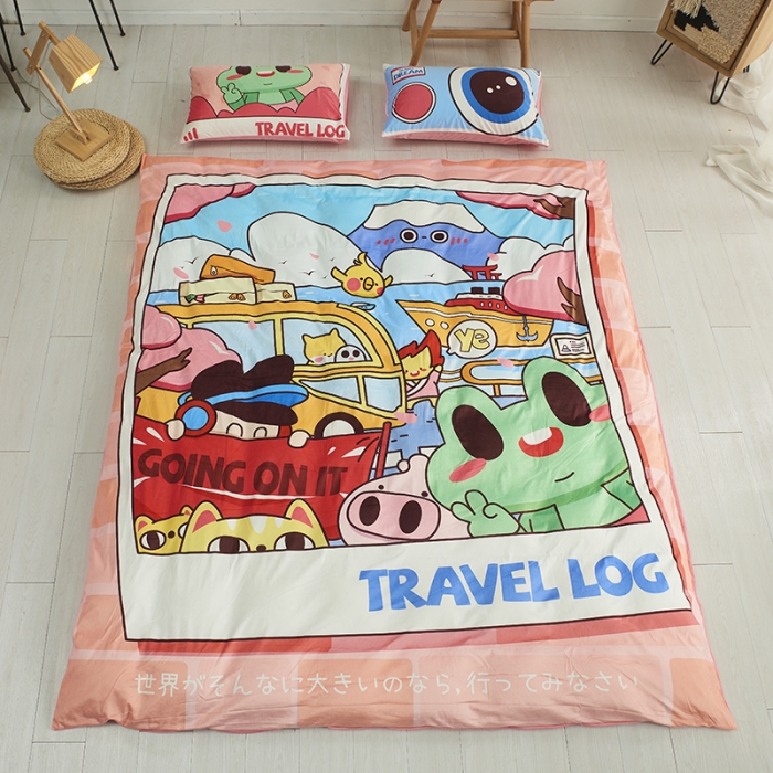 91家纺网 家纺一手货源 找家纺 璞素 2023新款日系卡通涂鸦风格水晶绒数码印花四件套 旅游世界