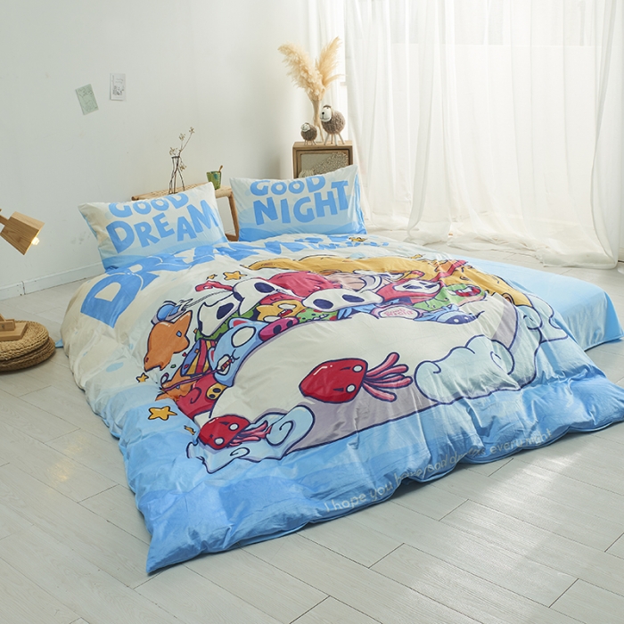 91家纺网 家纺一手货源 找家纺 璞素 2023新款日系卡通涂鸦风格水晶绒数码印花四件套 每晚好梦