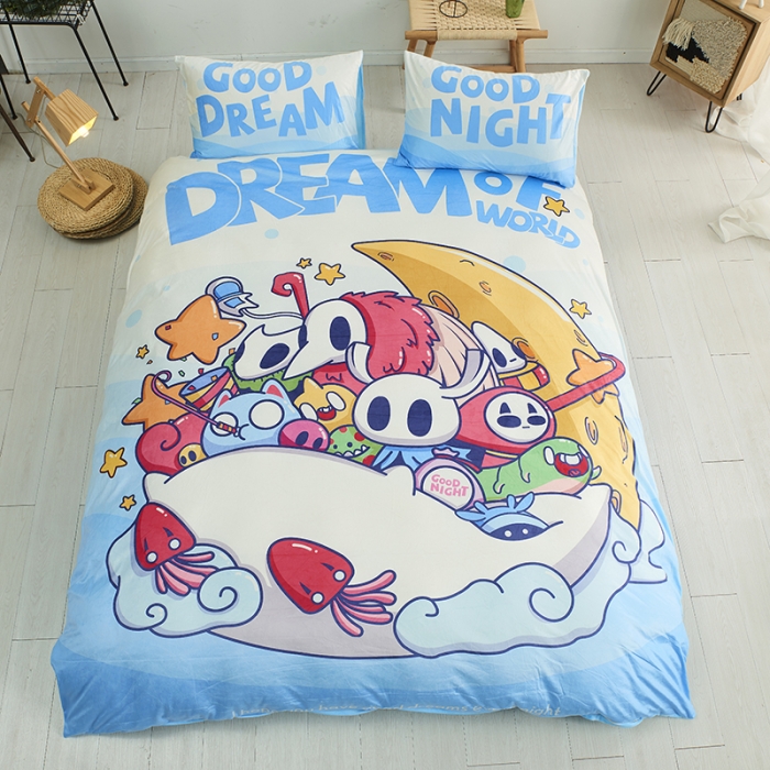 91家纺网 家纺一手货源 找家纺 璞素 2023新款日系卡通涂鸦风格水晶绒数码印花四件套 每晚好梦