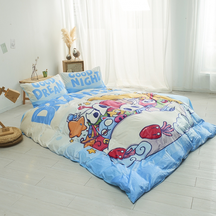 91家纺网 家纺一手货源 找家纺 璞素 2023新款日系卡通涂鸦风格水晶绒数码印花四件套 每晚好梦