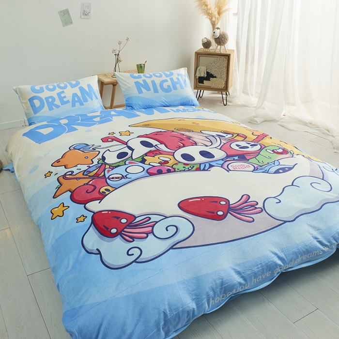 91家纺网 家纺一手货源 找家纺 璞素 2023新款日系卡通涂鸦风格水晶绒数码印花四件套 每晚好梦