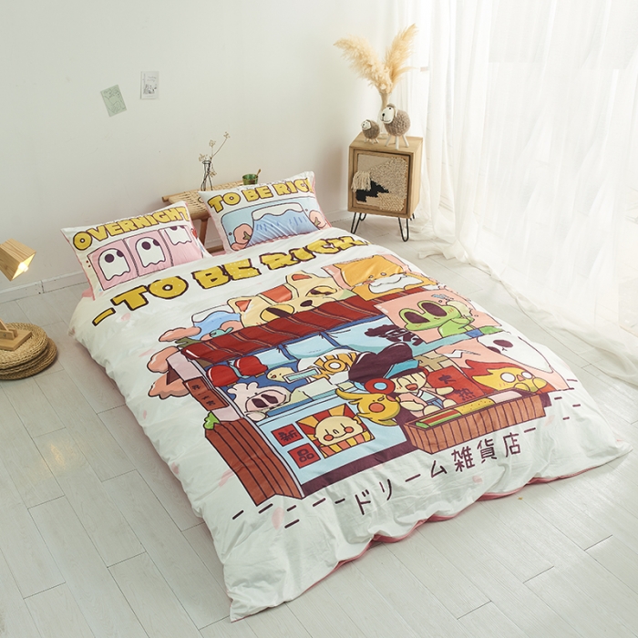 91家纺网 家纺一手货源 找家纺 璞素 2023新款日系卡通涂鸦风格水晶绒数码印花四件套 美梦杂货铺