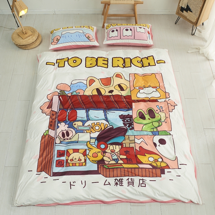 91家纺网 家纺一手货源 找家纺 璞素 2023新款日系卡通涂鸦风格水晶绒数码印花四件套 美梦杂货铺