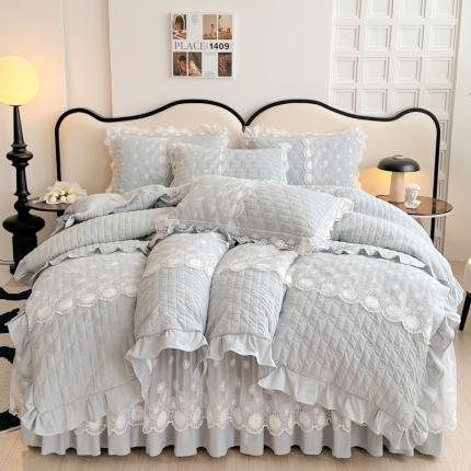 91家纺网 家纺一手货源 找家纺 恋尚 2023新款保暖蜜桃绒拉芙绒夹棉床裙四件套-蔻朵系列 蔻朵-浅灰