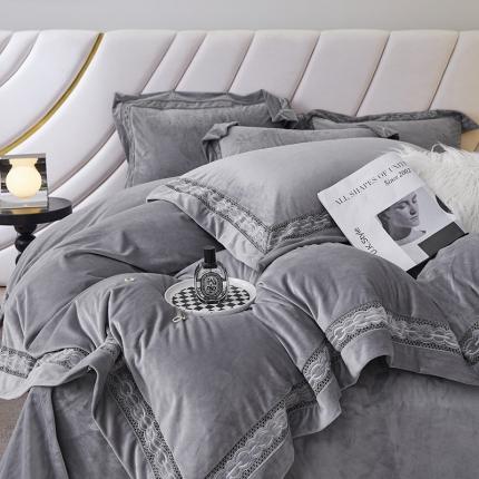 91家纺网 家纺一手货源 找家纺 榻尚 2023婴肤绒镂空设计拼边工艺款四件套-佳梦系列 佳梦-灰