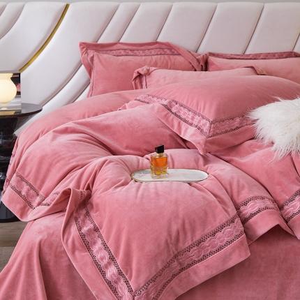 91家纺网 家纺一手货源 找家纺 总榻尚家居 2023新款婴肤婴儿绒镂空设计拼边工艺款短绒四件套-