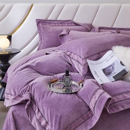 91家纺网 家纺一手货源 找家纺 总榻尚家居 2023新款婴肤婴儿绒镂空设计拼边工艺款短绒四件套-