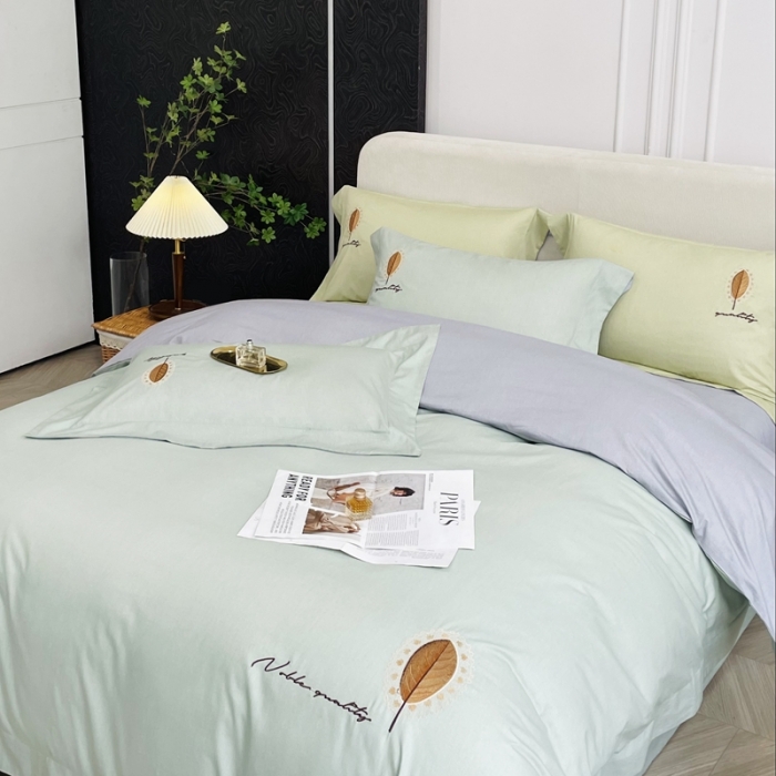 91家纺网 家纺一手货源 找家纺 由丽 2025新款全棉全工艺柔棉肌理纹绣花四件套-尤加利 尤加利-浅清