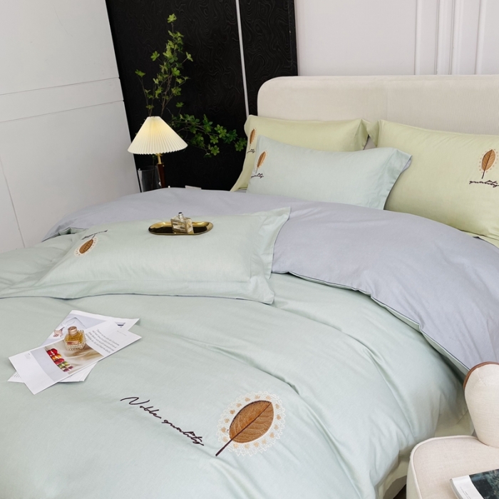 91家纺网 家纺一手货源 找家纺 由丽 2025新款全棉全工艺柔棉肌理纹绣花四件套-尤加利 尤加利-浅清