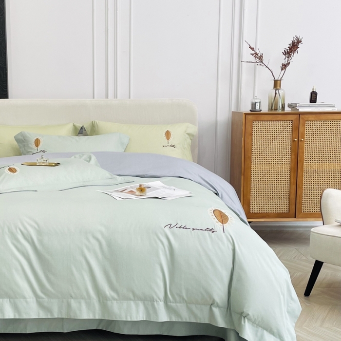 91家纺网 家纺一手货源 找家纺 由丽 2025新款全棉全工艺柔棉肌理纹绣花四件套-尤加利 尤加利-浅清