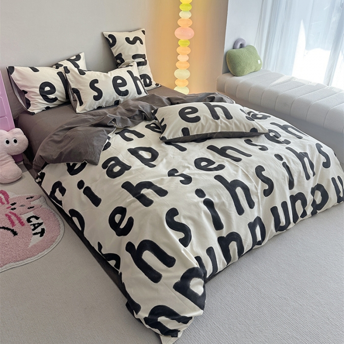 91家纺网 家纺一手货源 找家纺 千朵 2023新款全棉生态磨毛四件套 心动-黑