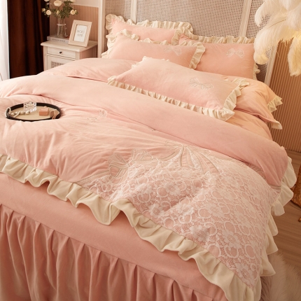 91家纺网 家纺一手货源 找家纺 总库里梦网红直播爆款韩版婴儿绒四件套高档蕾丝刺绣床笠床裙花边款加厚加密